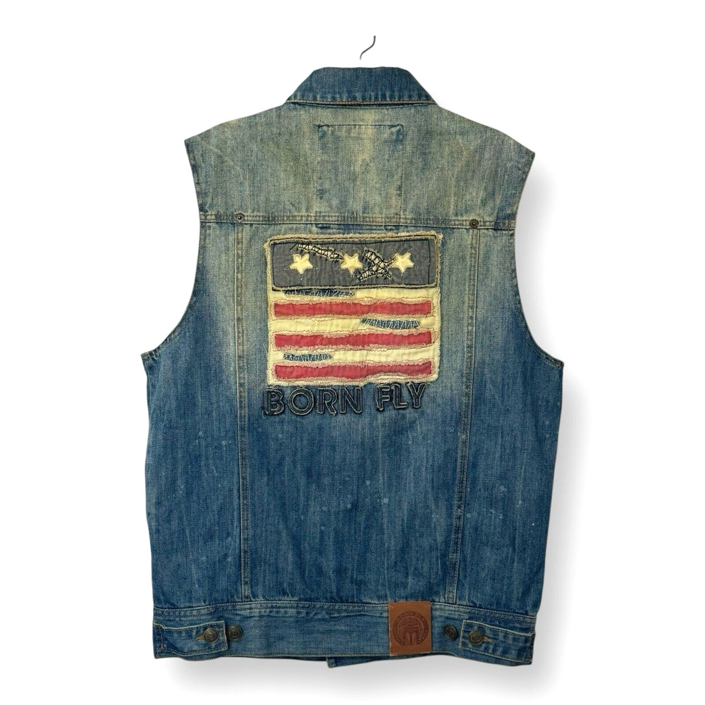 Born Fly Revolutionaries Distressed Denim Vest Men M USA Flag Streetwear